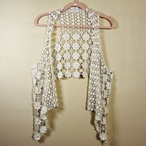 EnCreme Floral Crochet Lace Vest Womens S Cream Open Knit Bohemian Whimsy Dainty